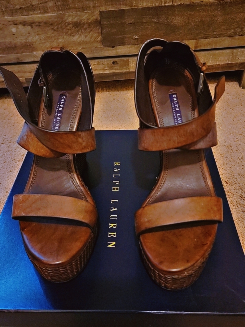 Ralph Lauren Tan Leather Wedge Sandals with Woven Platform